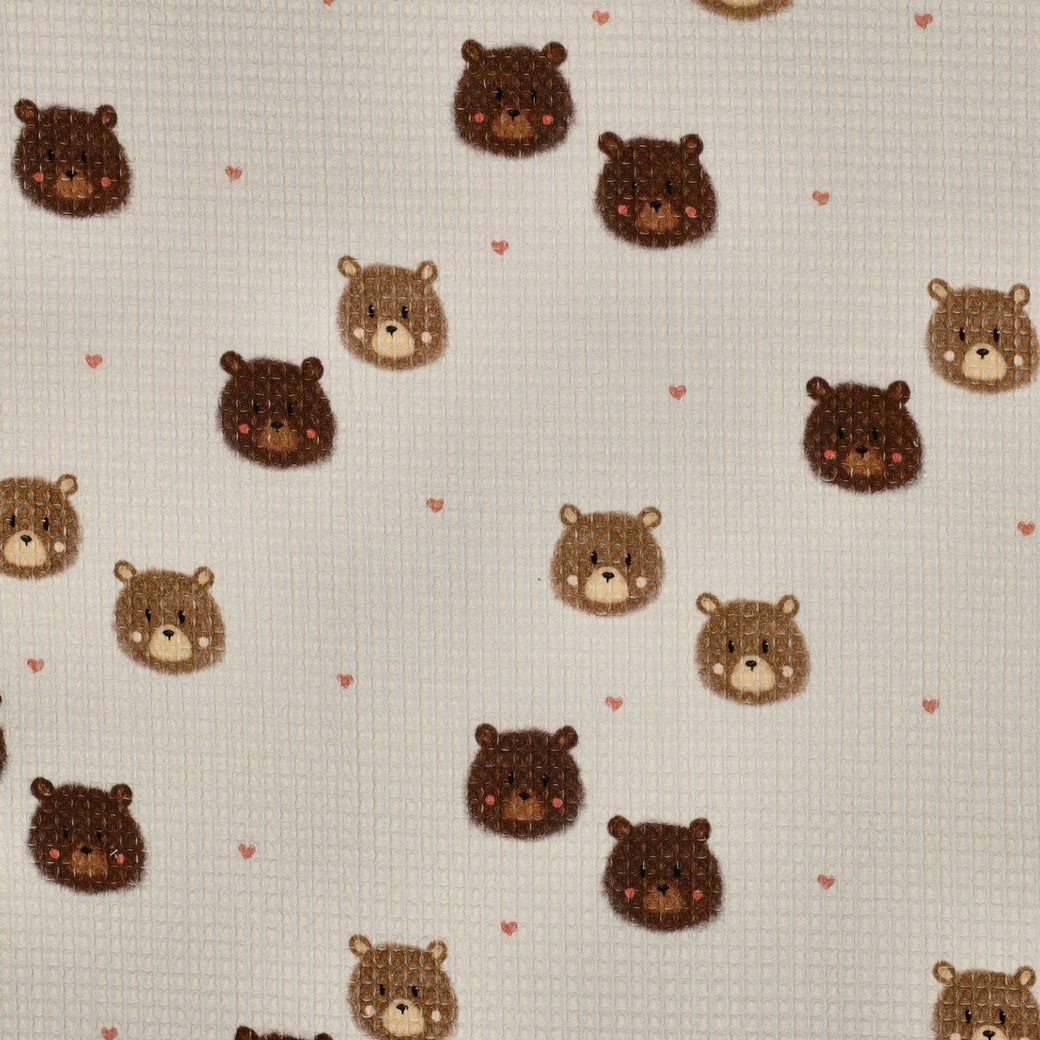 Katoenen Wafel Stof Beren Ecru – Zacht & Lief voor Babyprojecten