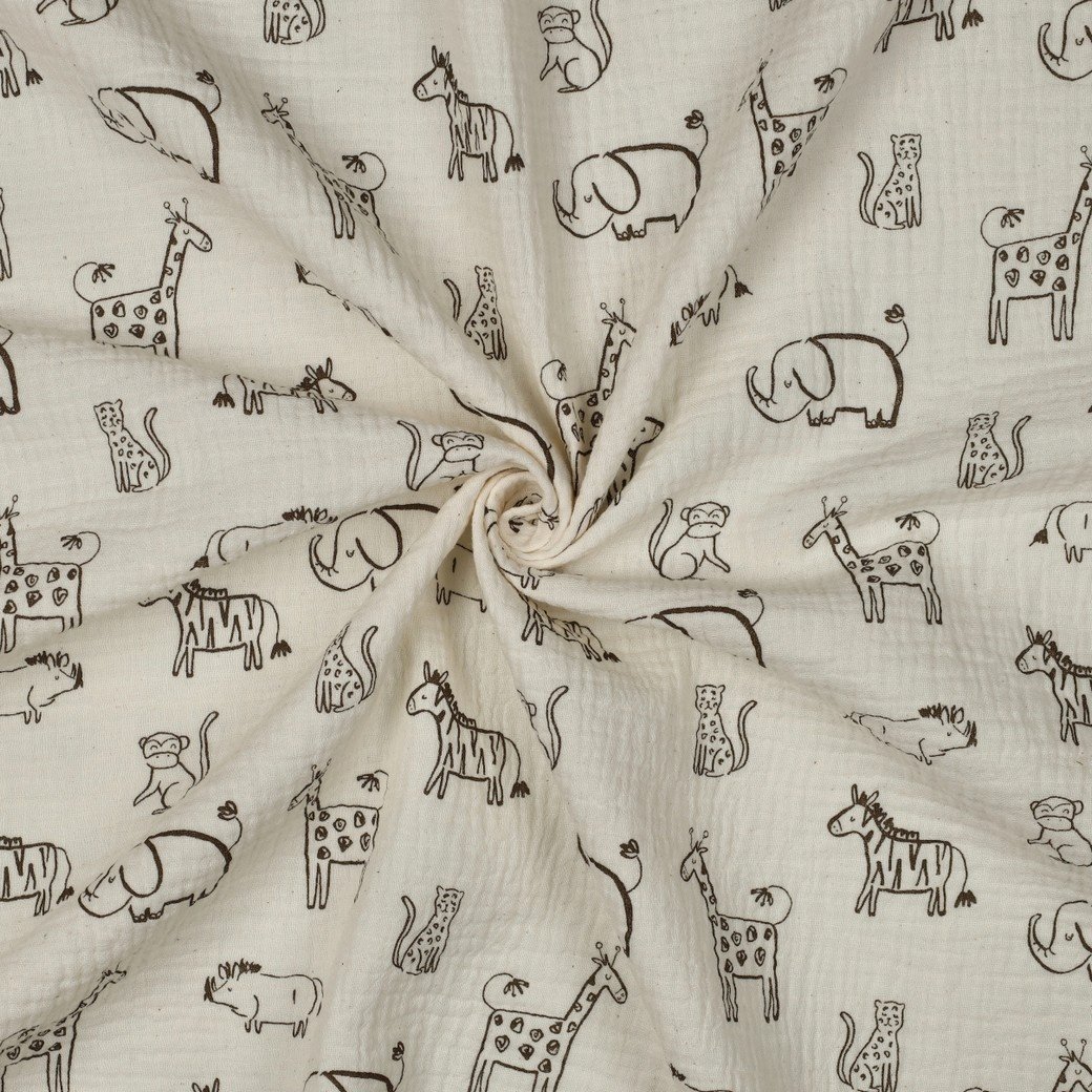 Hydrofiel Stof Safari Dieren Naturel – Zacht, Ademend & Oeko-Tex