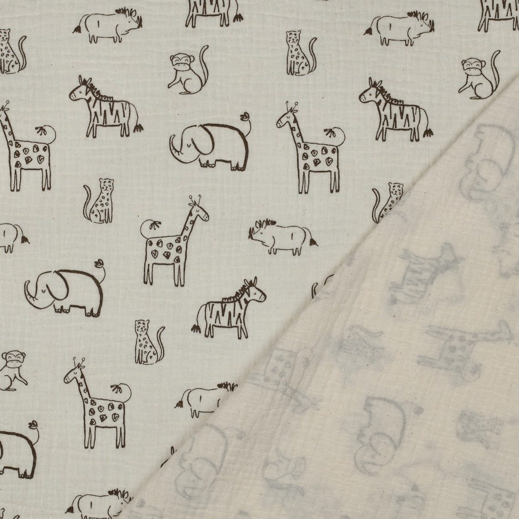 Hydrofiel Stof Safari Dieren Naturel – Zacht, Ademend & Oeko-Tex