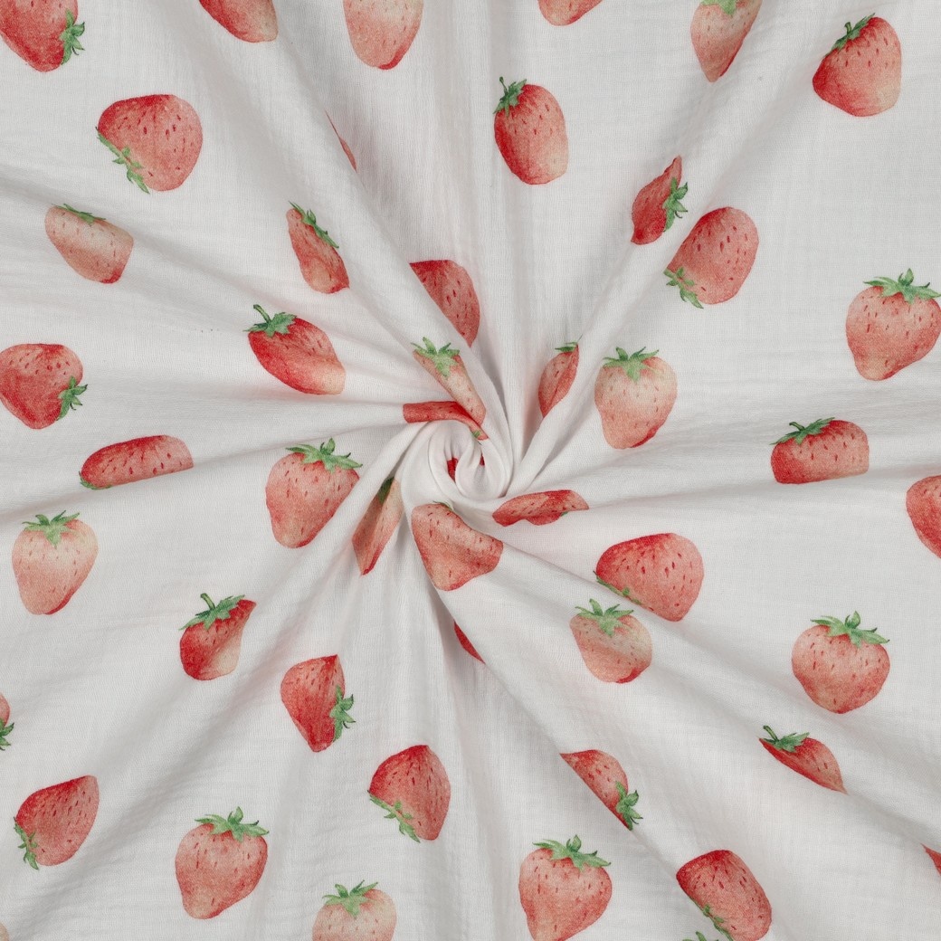 Hydrofiel Stof Aardbeien Wit – Lief, Zomers & Zacht