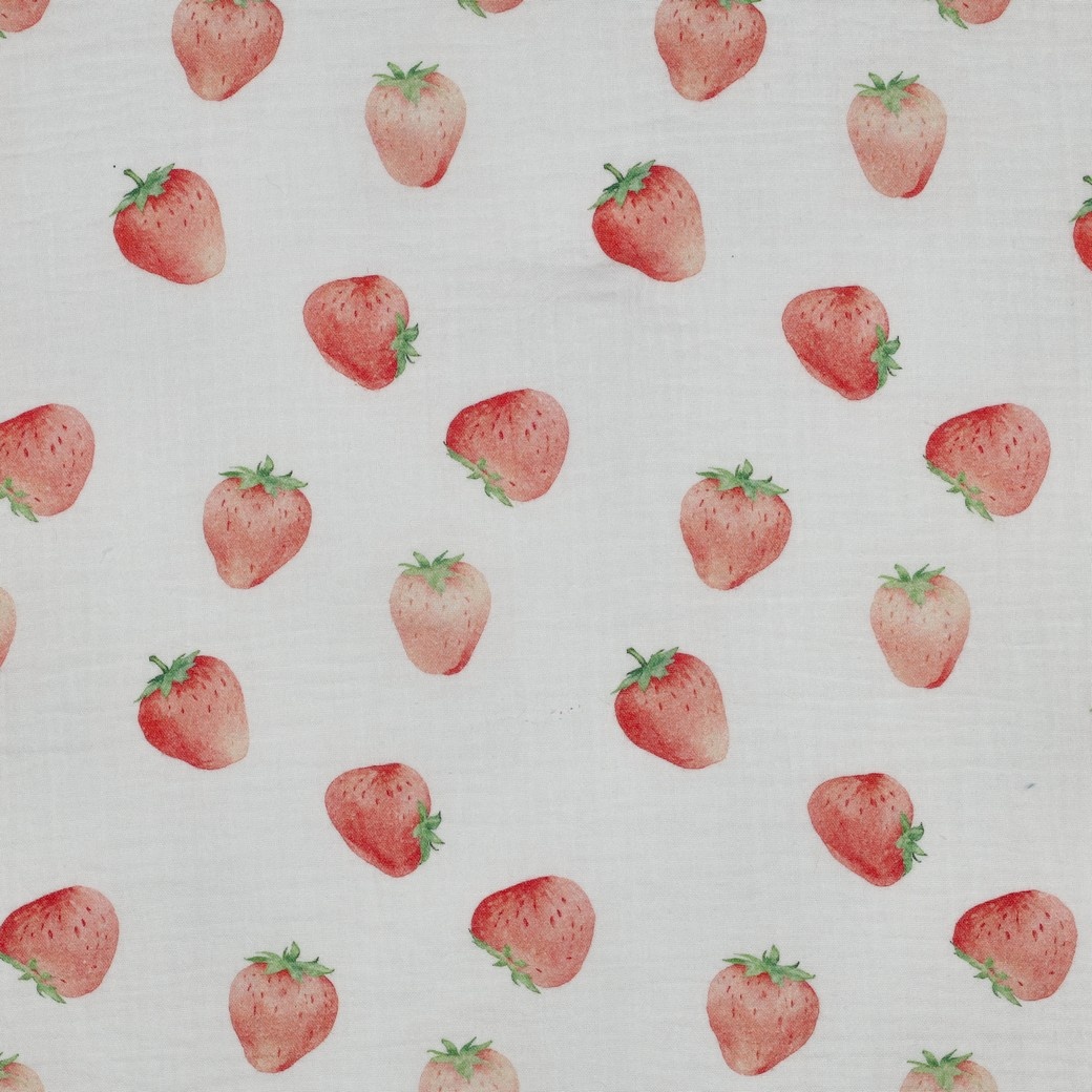 Hydrofiel Stof Aardbeien Wit – Lief, Zomers & Zacht