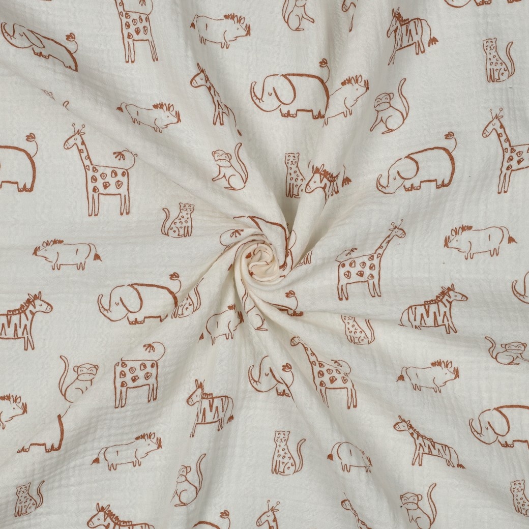 Hydrofiel Stof Safari Dieren Ecru – Zacht, Ademend & Oeko-Tex