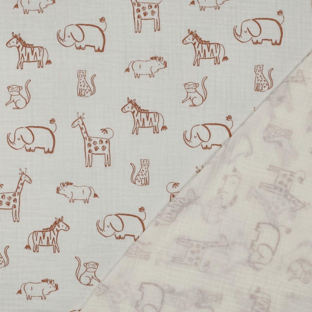 Hydrofiel Stof Safari Dieren Ecru – Zacht, Ademend & Oeko-Tex