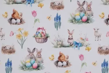 Katoen Half Panama – Vrolijke Paastuin – Wit