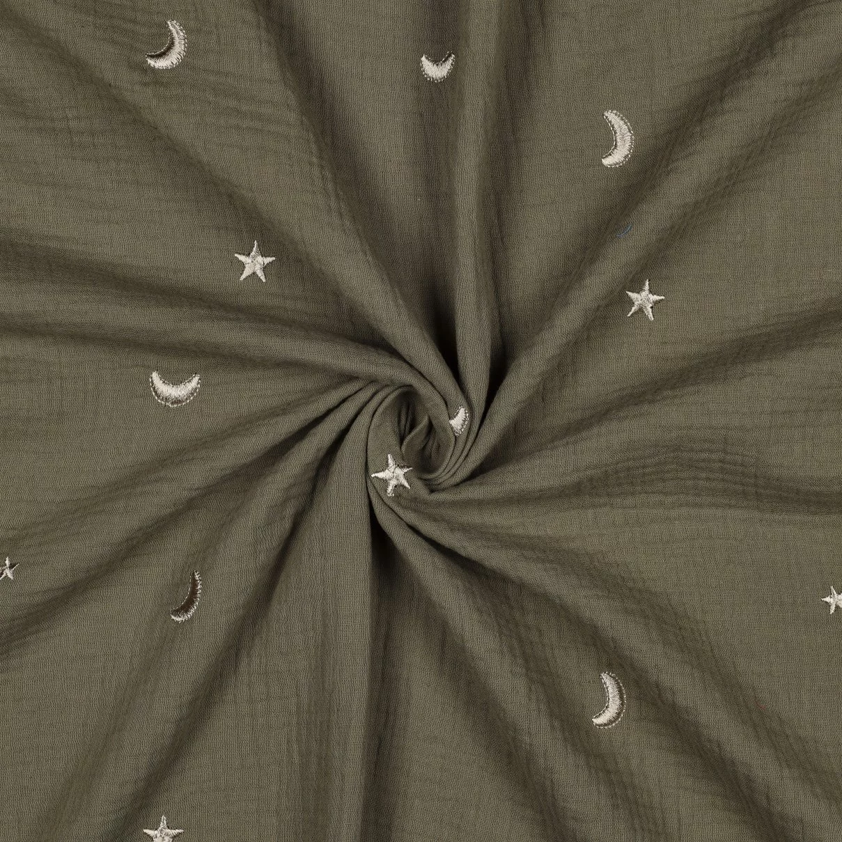 Hydrofiel Stof Mosgroen Embroidery Maan & Sterren – Double Gauze