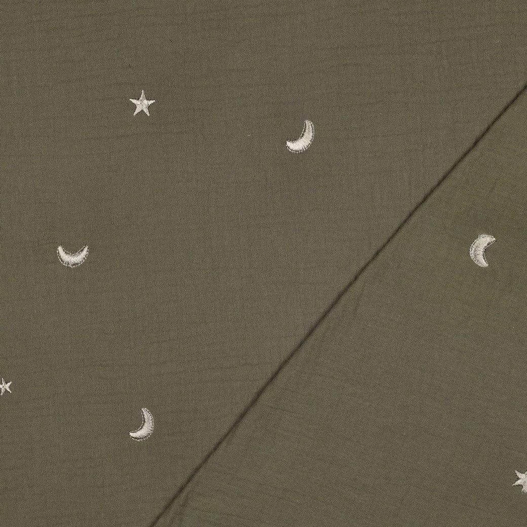 Hydrofiel Stof Mosgroen Embroidery Maan & Sterren – Double Gauze