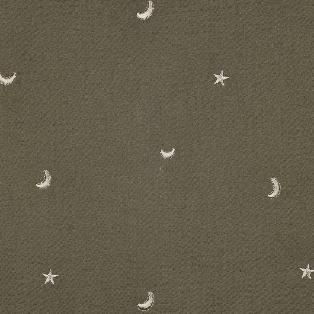 Hydrofiel Stof Mosgroen Embroidery Maan & Sterren – Double Gauze