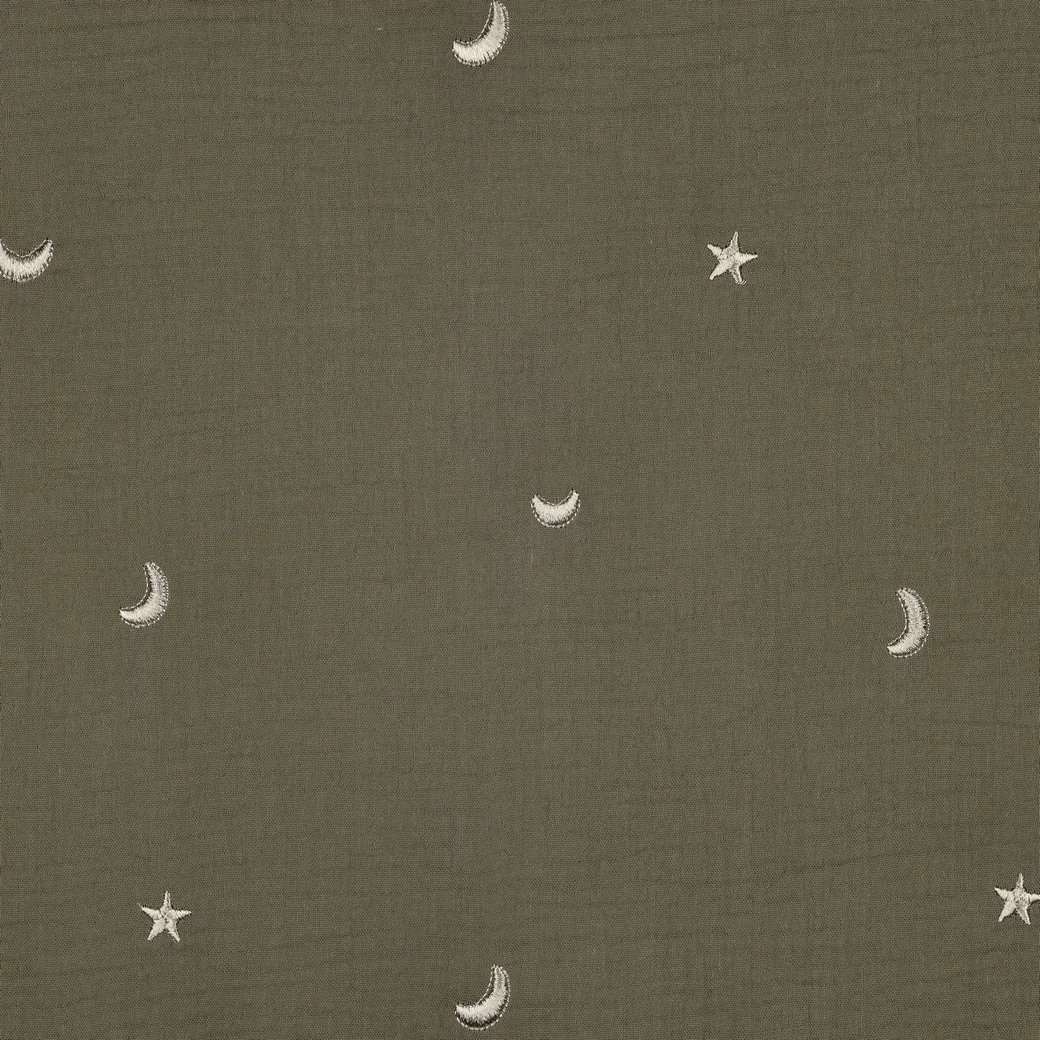 Hydrofiel Stof Mosgroen Embroidery Maan & Sterren – Double Gauze