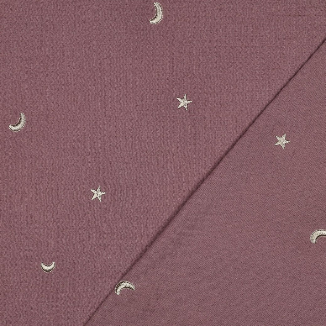 Hydrofiel Stof Oud Lila Embroidery Maan & Sterren – Double Gauze