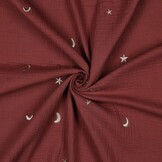 Hydrofiel Stof Dusty Rood Embroidery Maan & Sterren – Double Gauze