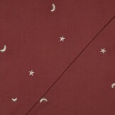 Hydrofiel Stof Dusty Rood Embroidery Maan & Sterren – Double Gauze