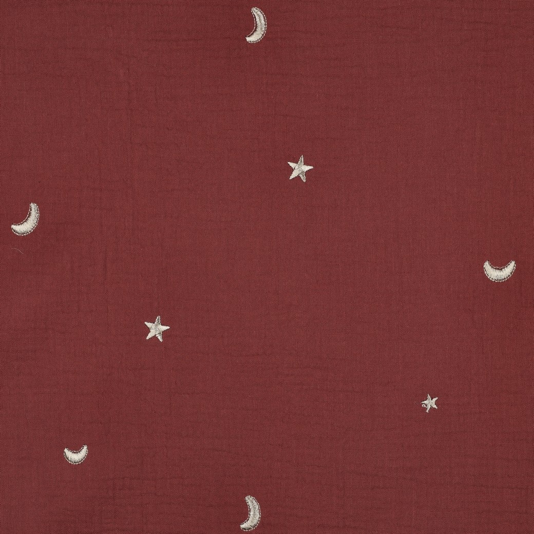 Hydrofiel Stof Dusty Rood Embroidery Maan & Sterren – Double Gauze