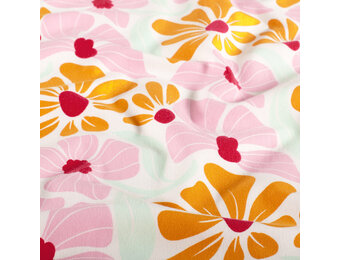 Jersey Katoen Stof – Zonnige Bloemen Ecru