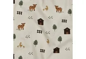Organic Katoen Poplin Stof Print - Boerderijdieren – Naturel