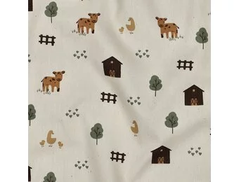 Organic Katoen Poplin Stof Print - Boerderijdieren – Naturel