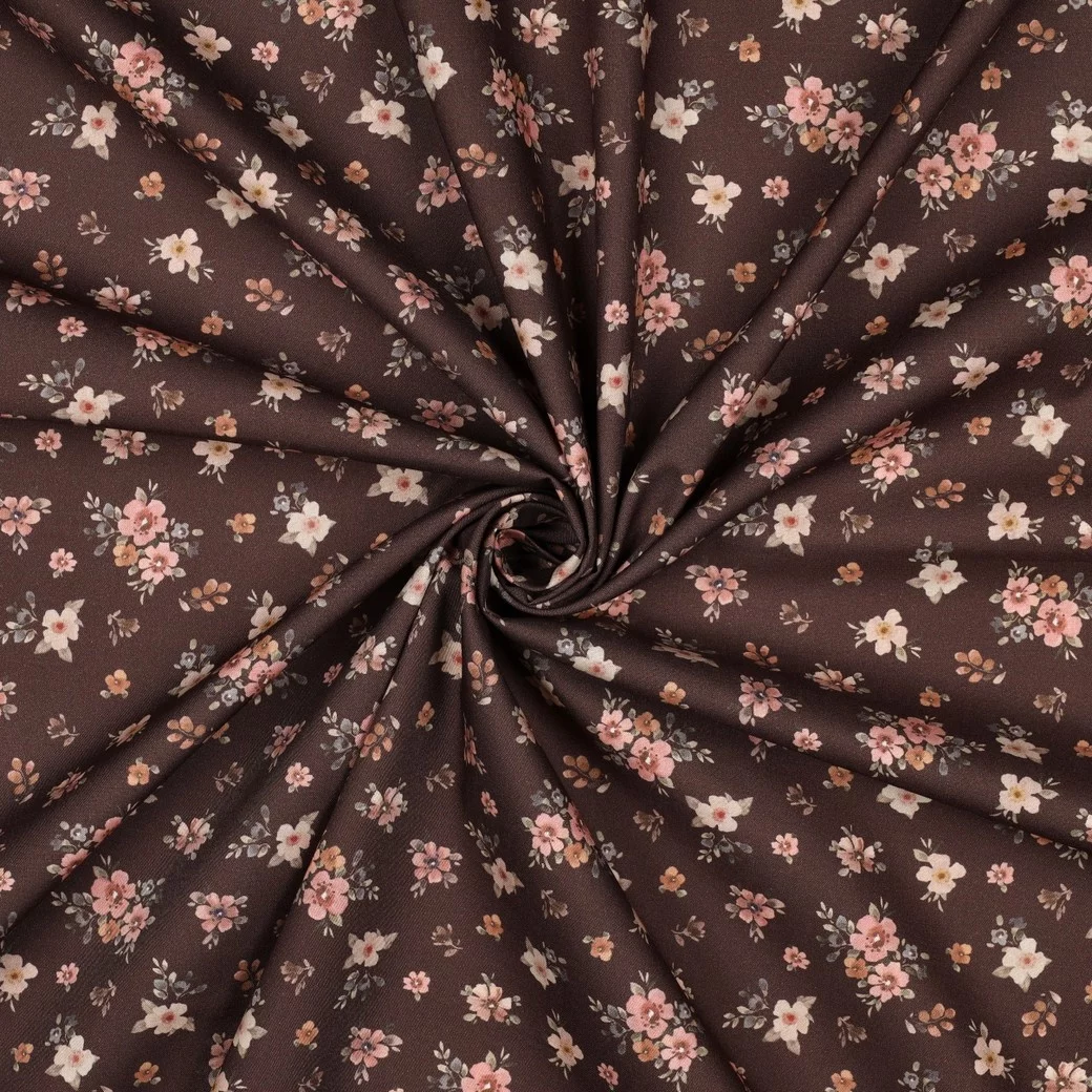 Poplin Katoen Digitale Print Bloemen Bruin – Warm & Stijlvol