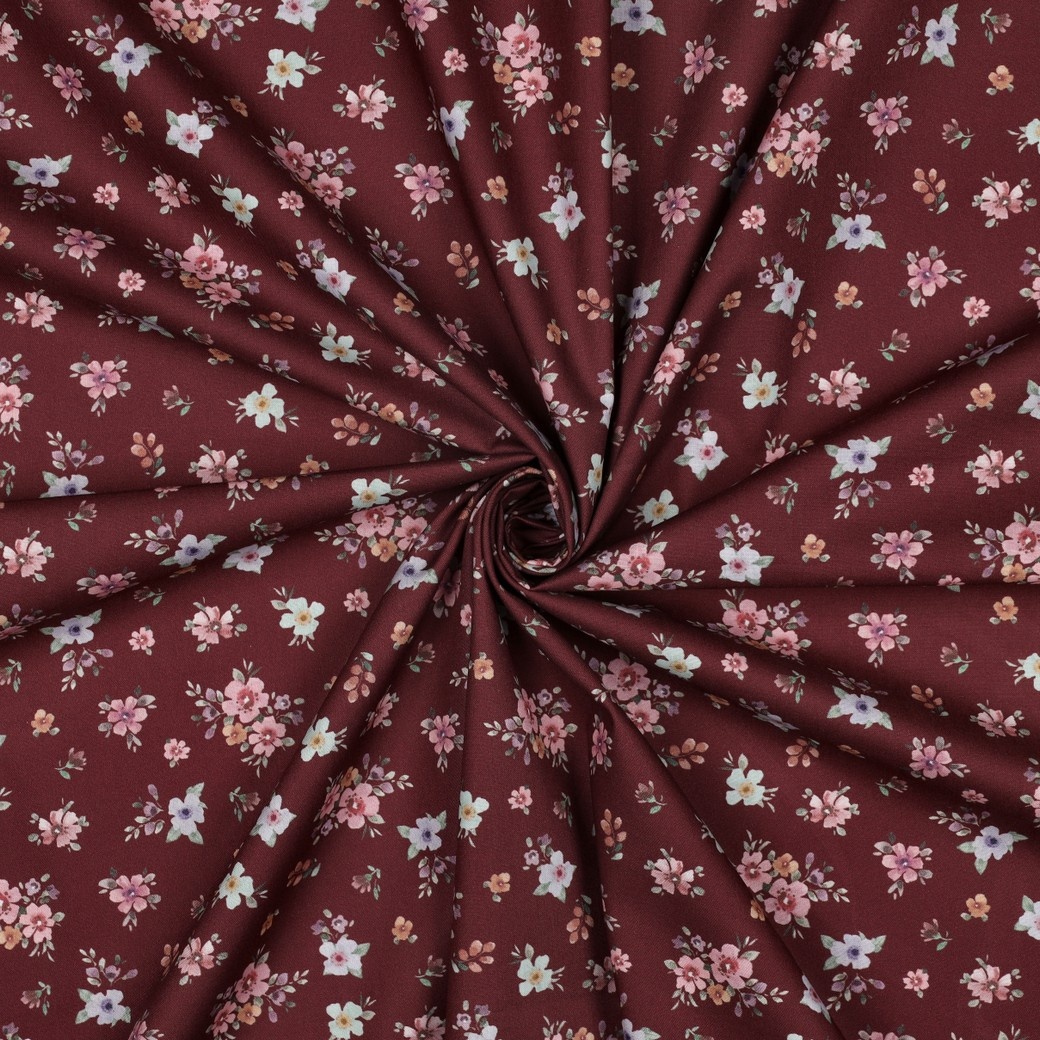 Poplin Katoen Digitale Print Bloemen Bordeauxrood – Warm & Elegant