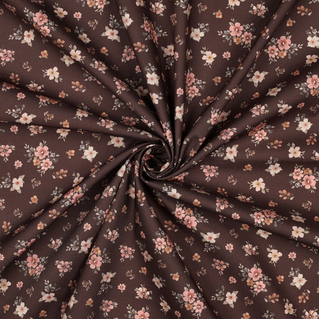 Jersey Katoen Bloemen Bruin – Zacht, Rekbaar & Ademend