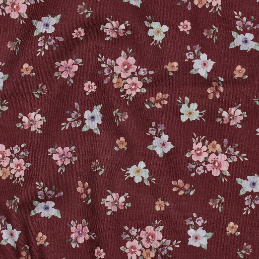 Jersey Katoen Bloemen Bordeauxrood – Zacht, Rekbaar & Ademend