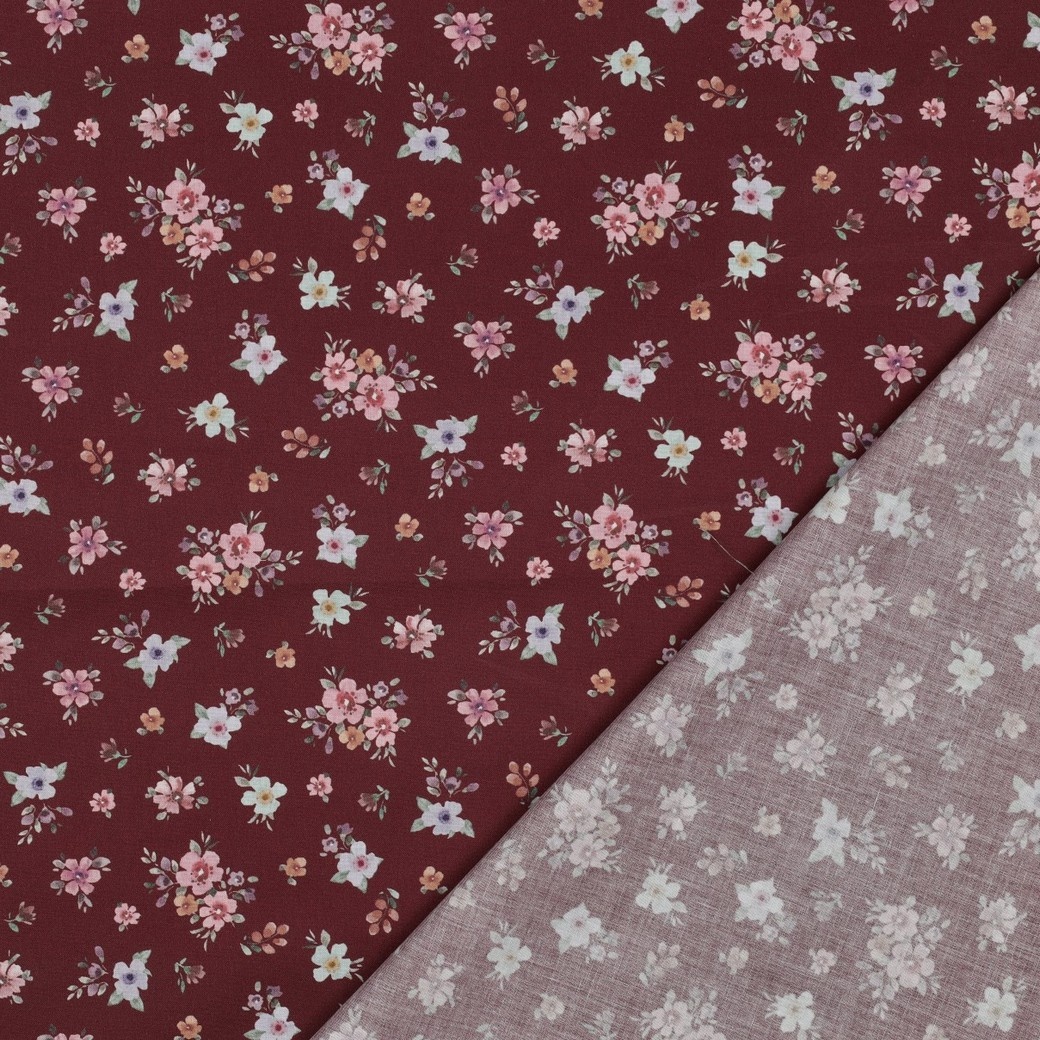 Jersey Katoen Bloemen Bordeauxrood – Zacht, Rekbaar & Ademend