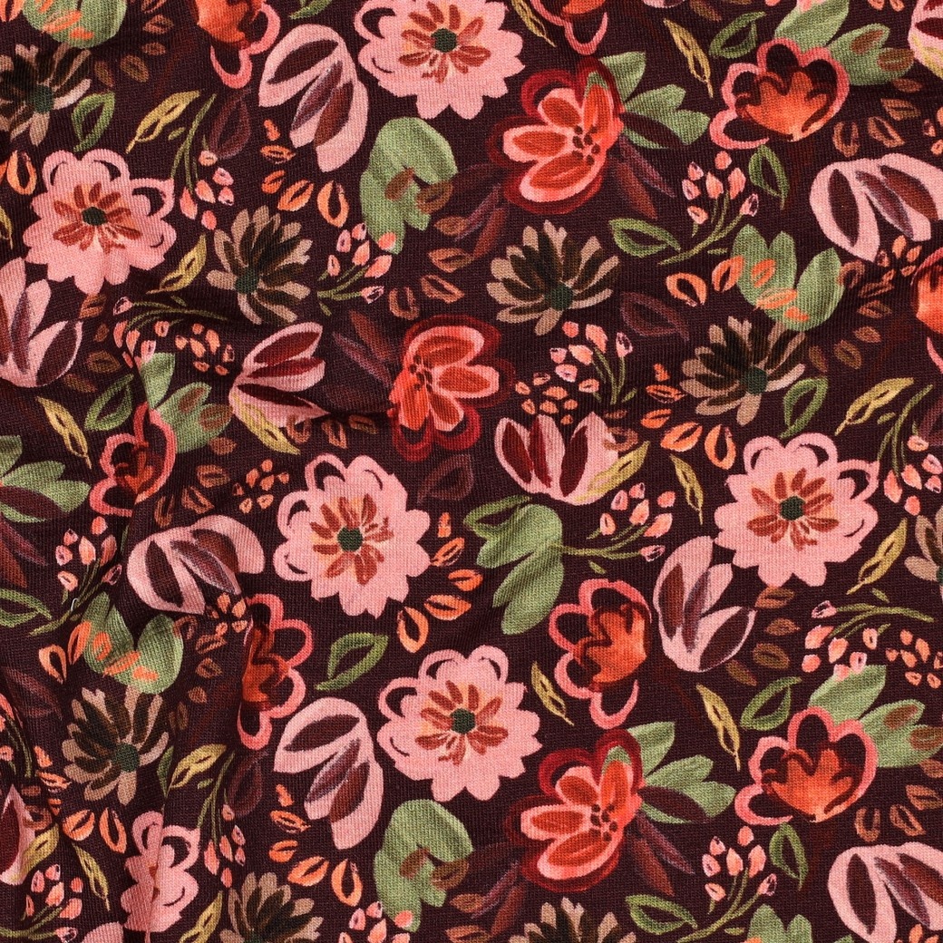 Jersey Katoen Bloemen Bordeauxrood – Zacht, Rekbaar & Ademend