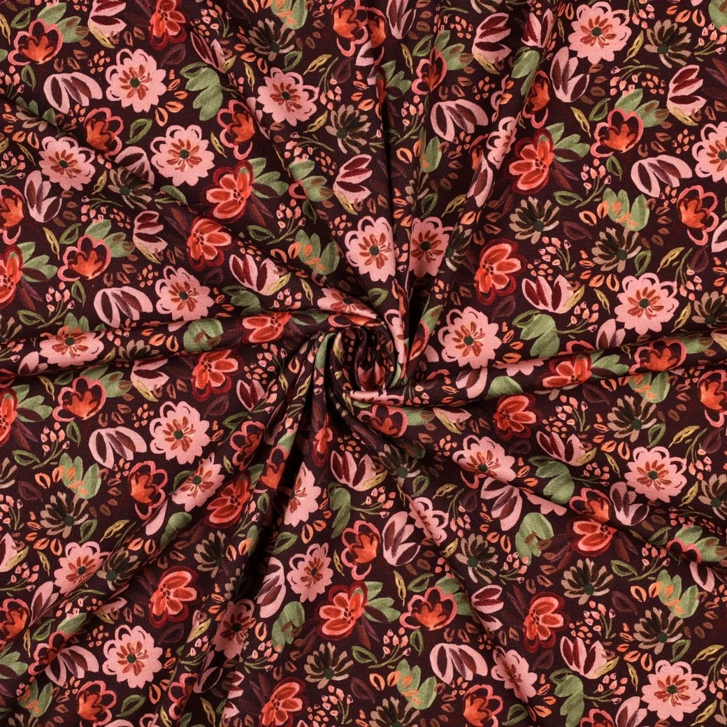 Jersey Katoen Bloemen Bordeauxrood – Zacht, Rekbaar & Ademend