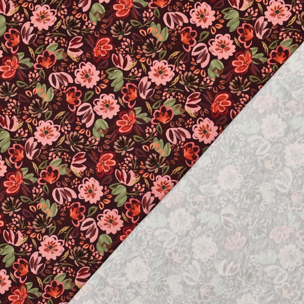 Jersey Katoen Bloemen Bordeauxrood – Zacht, Rekbaar & Ademend