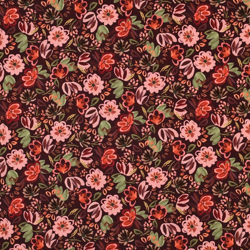 Jersey Katoen Bloemen Bordeauxrood – Zacht, Rekbaar & Ademend