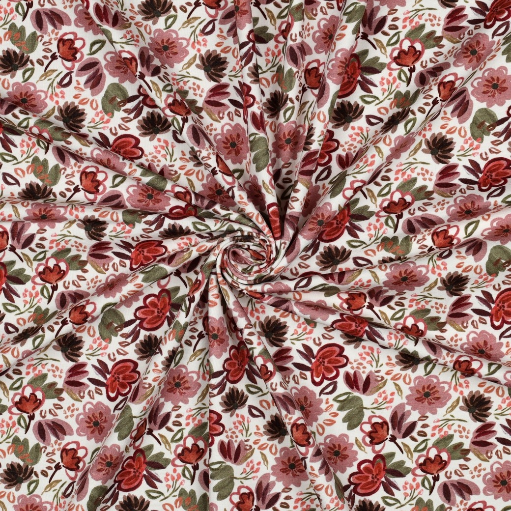 Jersey Katoen Bloemen Gebroken Wit – Zacht, Rekbaar & Ademend