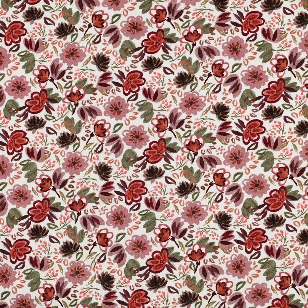 Jersey Katoen Bloemen Gebroken Wit – Zacht, Rekbaar & Ademend