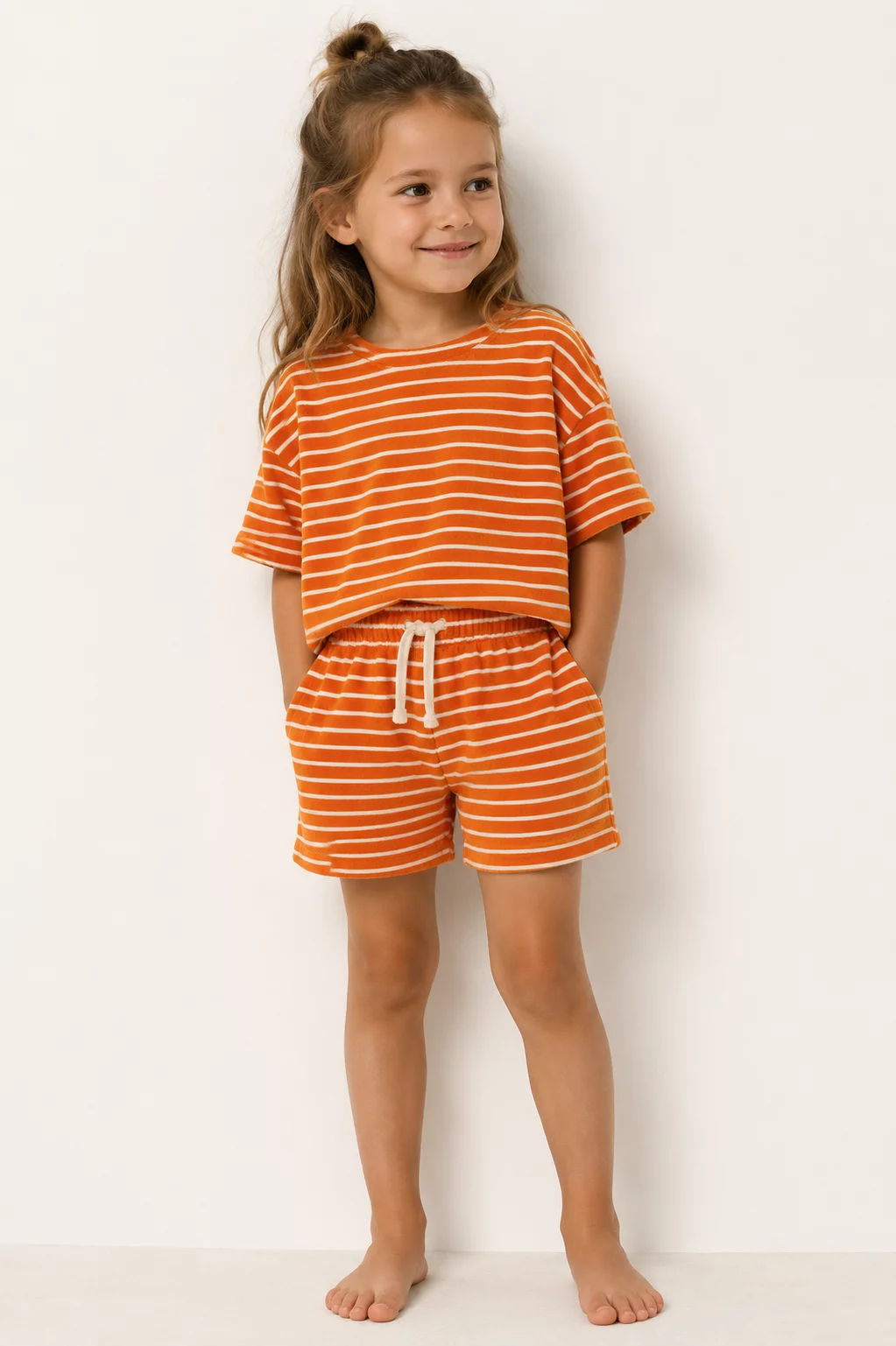 Badstof Jersey Bouclé Mandarijn/Ecru – Fris & Zacht
