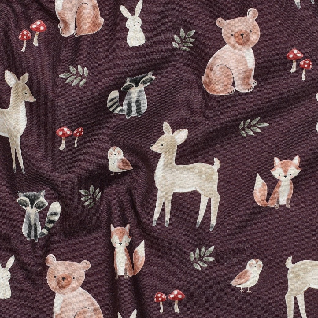 Poplin Katoen Bosdieren Bordeauxrood – Lief & Sfeervol