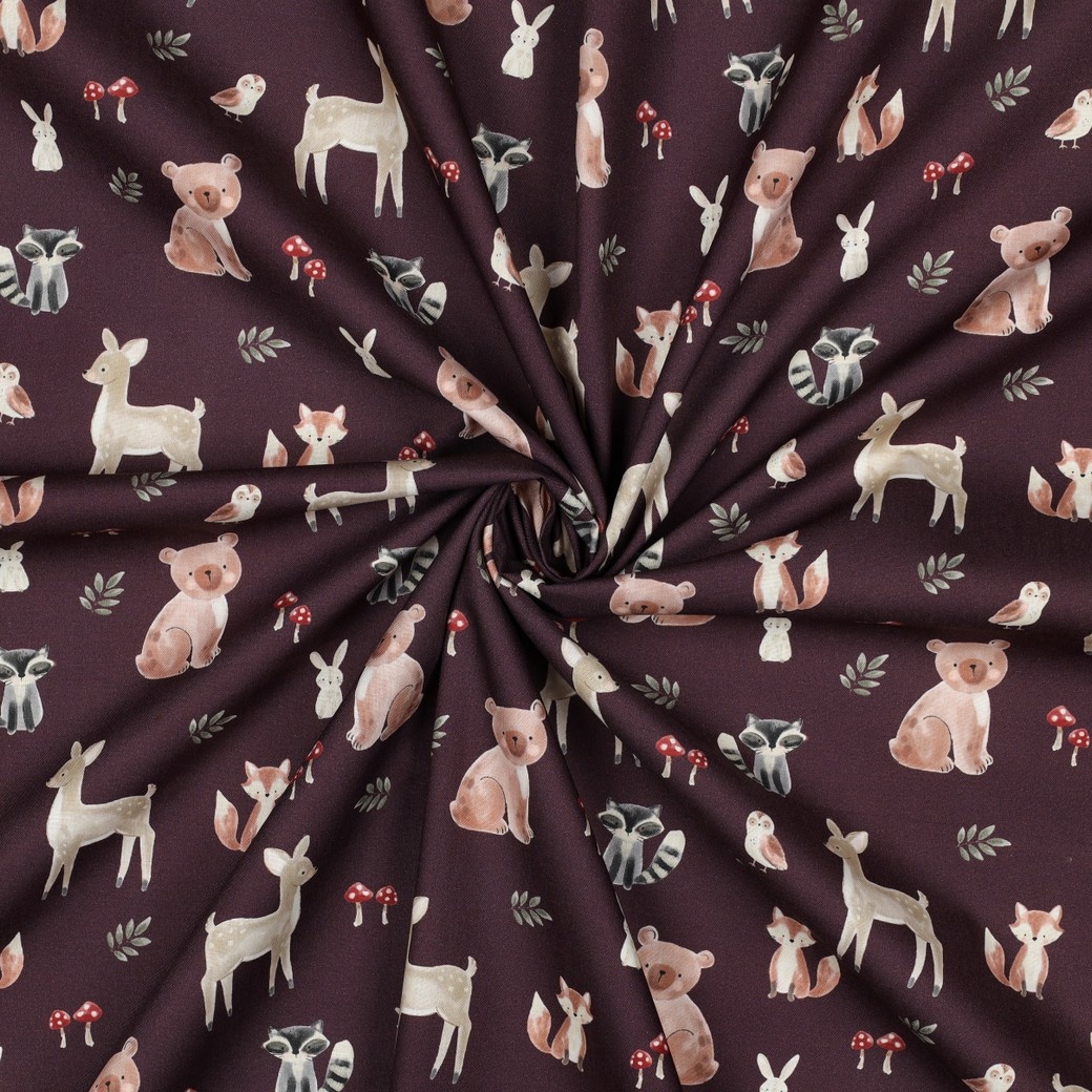 Poplin Katoen Bosdieren Bordeauxrood – Lief & Sfeervol