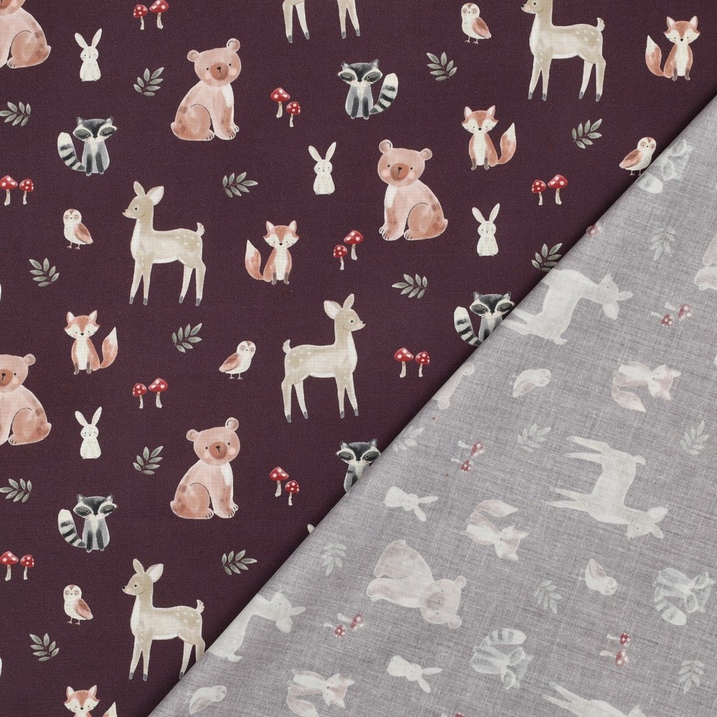 Poplin Katoen Bosdieren Bordeauxrood – Lief & Sfeervol