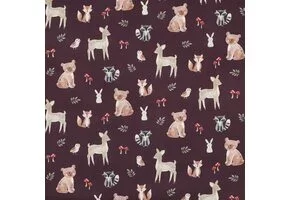 Poplin Katoen Digitale Print – Bosdieren – Bordeauxrood