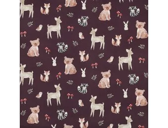 Poplin Katoen Digitale Print – Bosdieren – Bordeauxrood