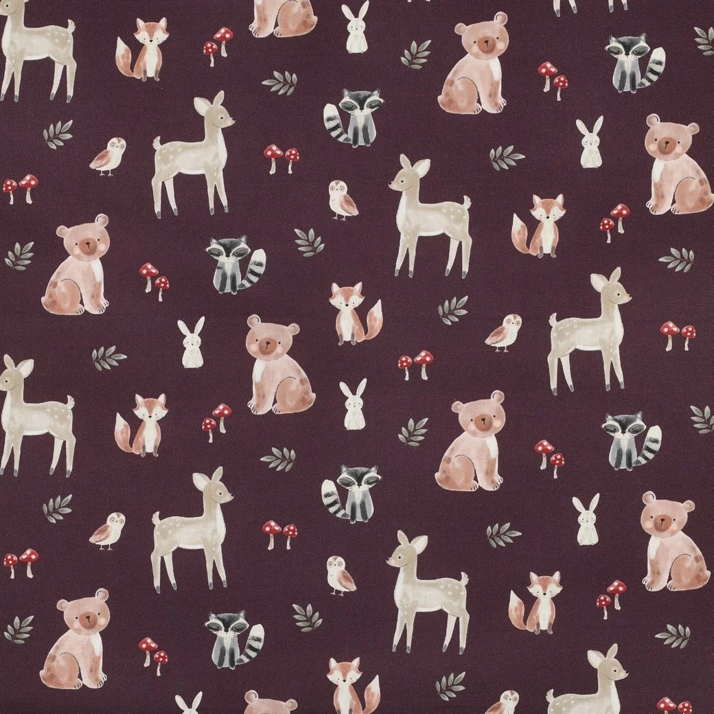 Poplin Katoen Bosdieren Bordeauxrood – Lief & Sfeervol