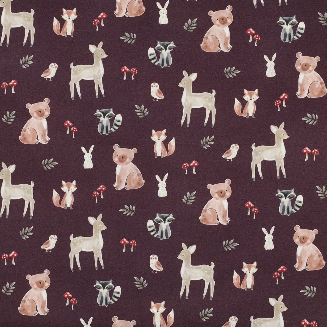 Poplin Katoen Bosdieren Bordeauxrood – Lief & Sfeervol