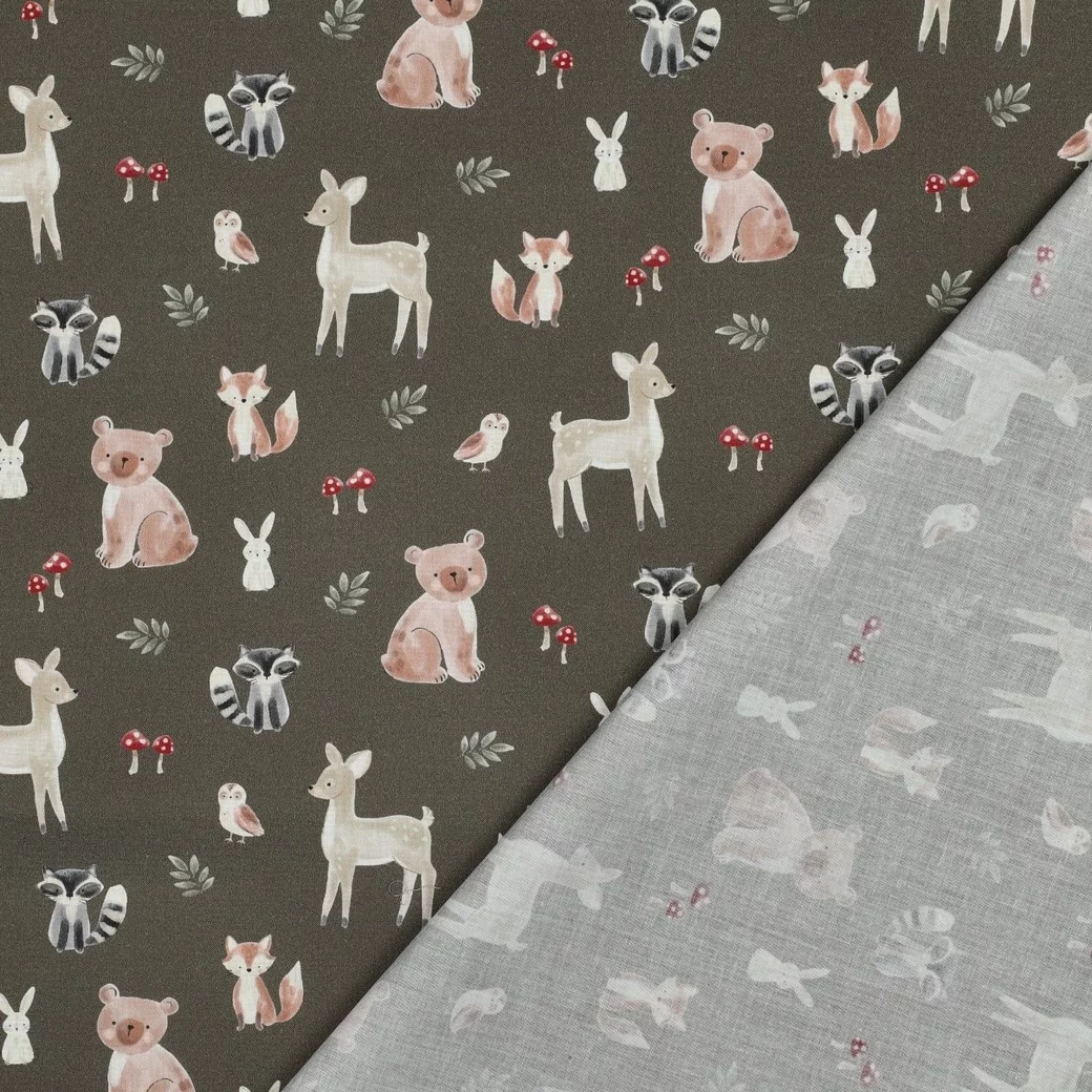 Poplin Katoen Bosdieren Legergroen – Lief & Sfeervol