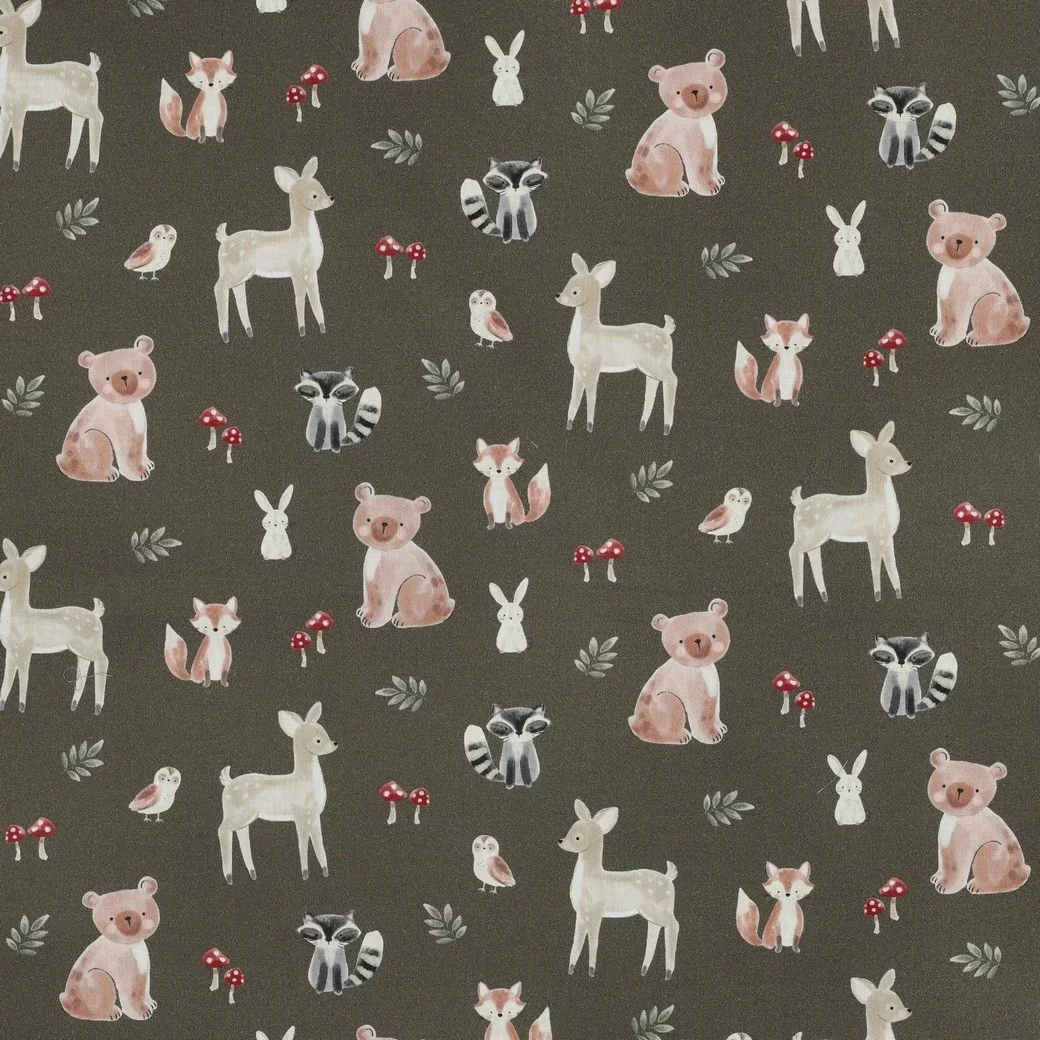 Poplin Katoen Bosdieren Legergroen – Lief & Sfeervol