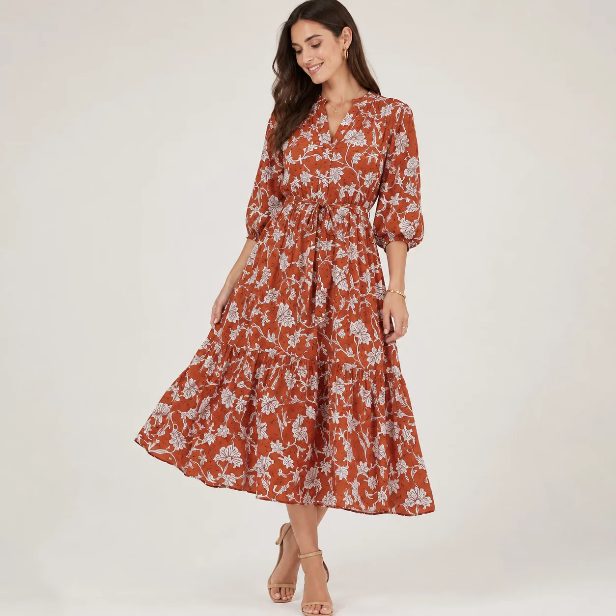 Katoen Voile Bloemen Cognac – Licht, Luchtig & Soepel