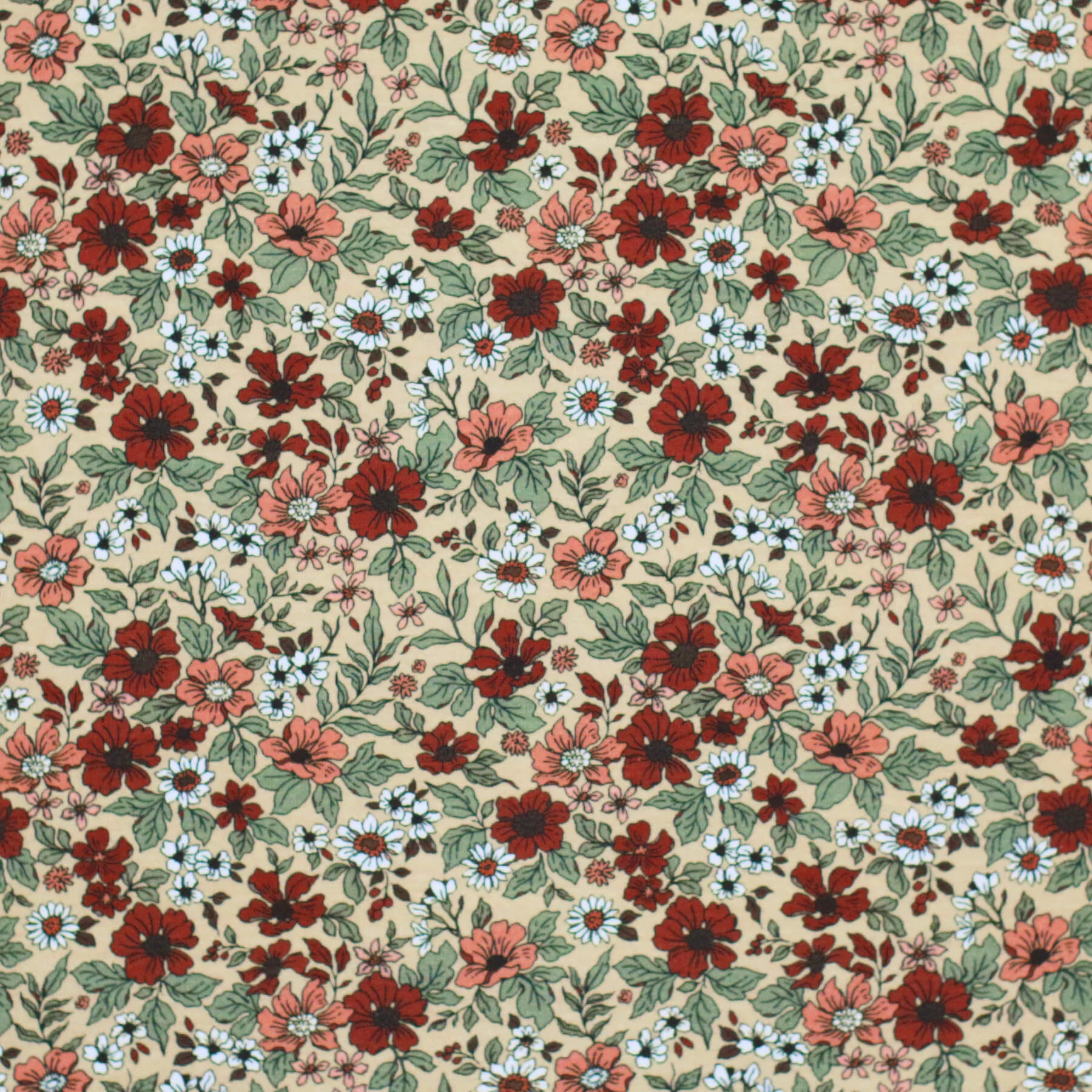 Jersey Katoen Vintage Bloemen Rood Beige – Retro & Speels