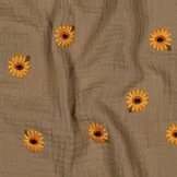 Hydrofiel Stof Beige Embroidery Zonnebloemen – Double Gauze