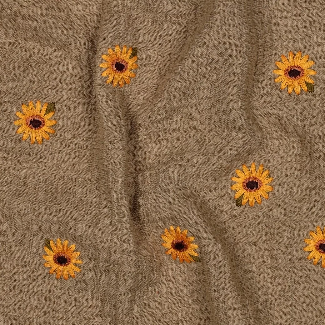 Hydrofiel Stof Beige Embroidery Zonnebloemen – Double Gauze