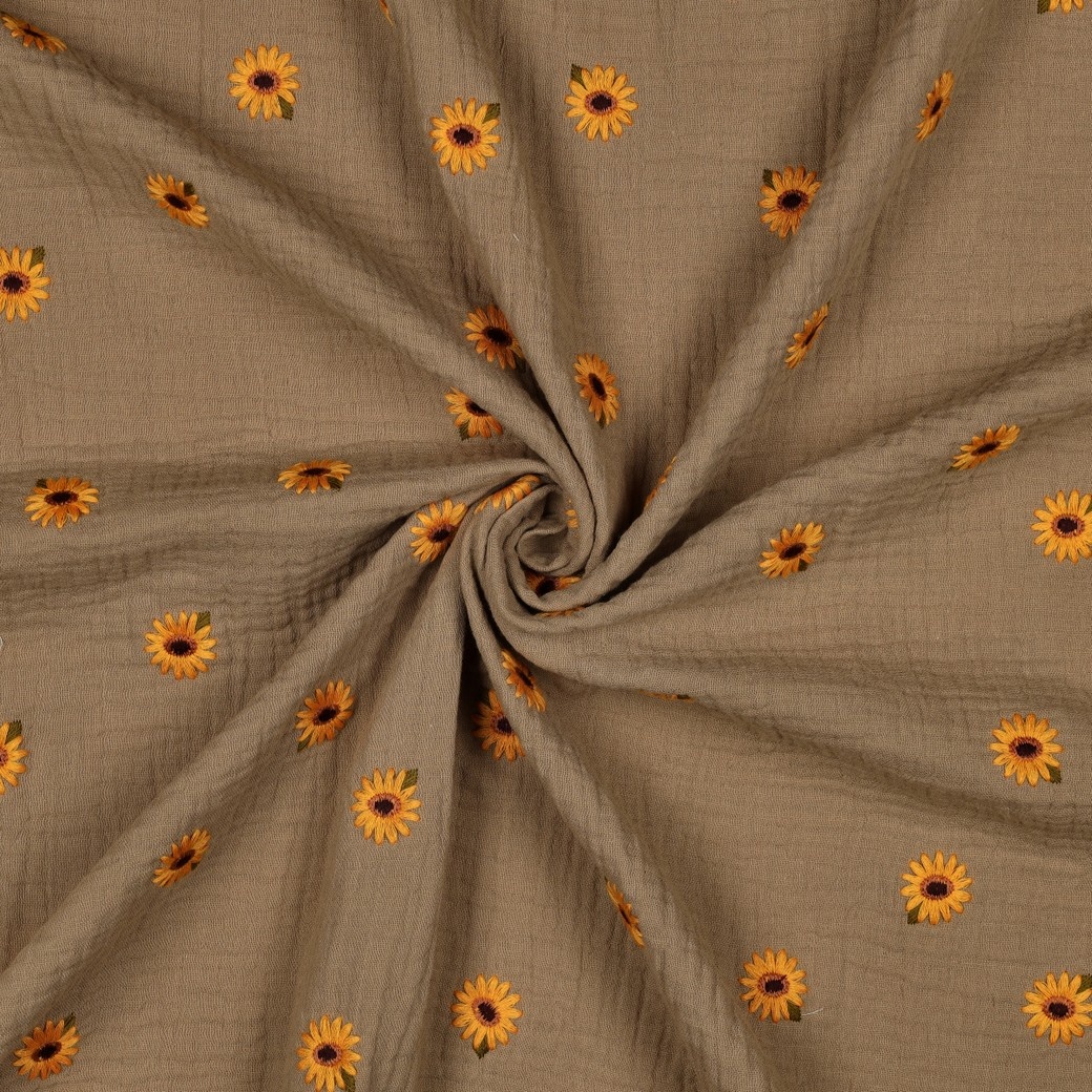 Hydrofiel Stof Beige Embroidery Zonnebloemen – Double Gauze