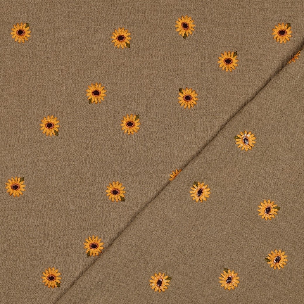 Hydrofiel Stof Beige Embroidery Zonnebloemen – Double Gauze
