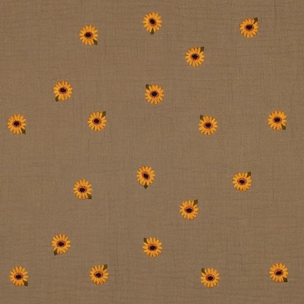 Hydrofiel Stof Beige Embroidery Zonnebloemen – Double Gauze