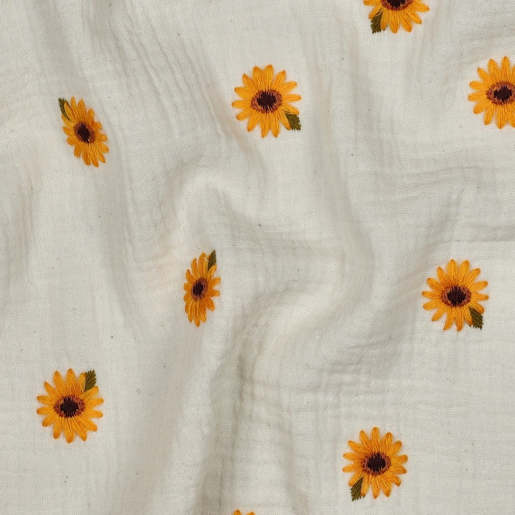 Hydrofiel Stof Naturel Embroidery Zonnebloemen – Double Gauze