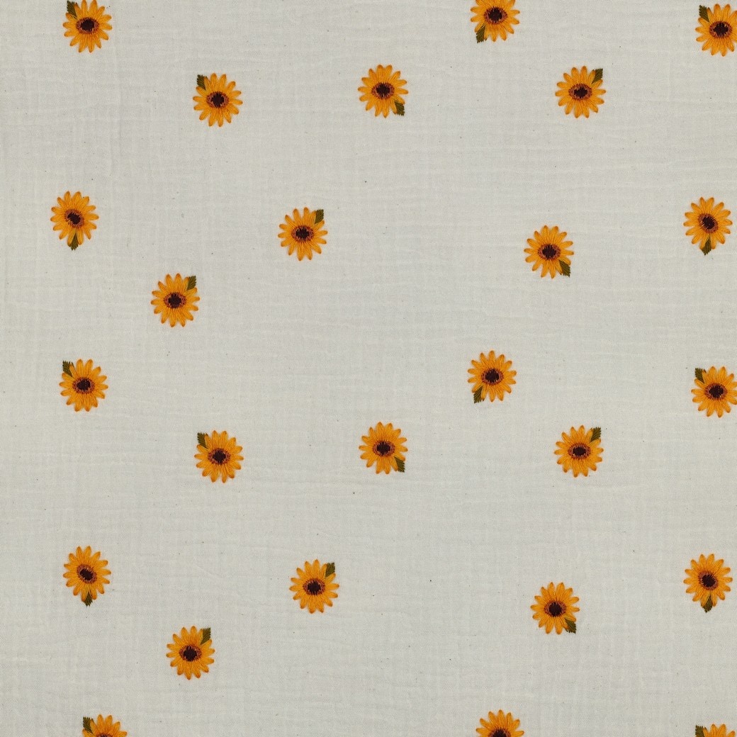 Hydrofiel Stof Naturel Embroidery Zonnebloemen – Double Gauze