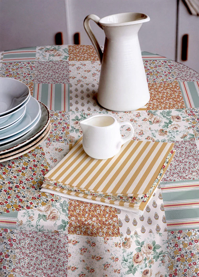 Katoen Stof Fleurville Patchwork Bloemen Oker – Vintage